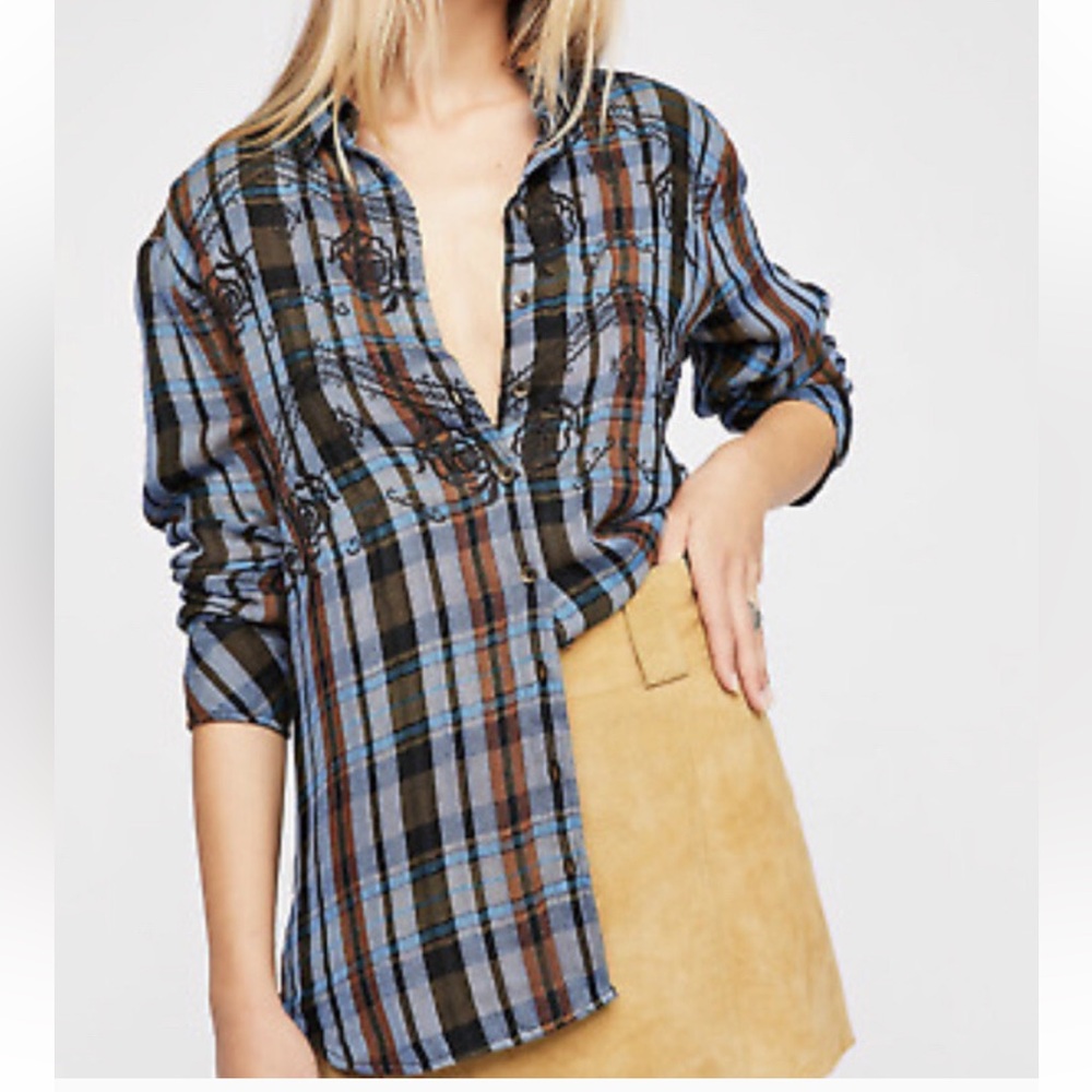 Free People Magical Plaid Embroidered Shirt Blue Size XS - Picture 1 of 10